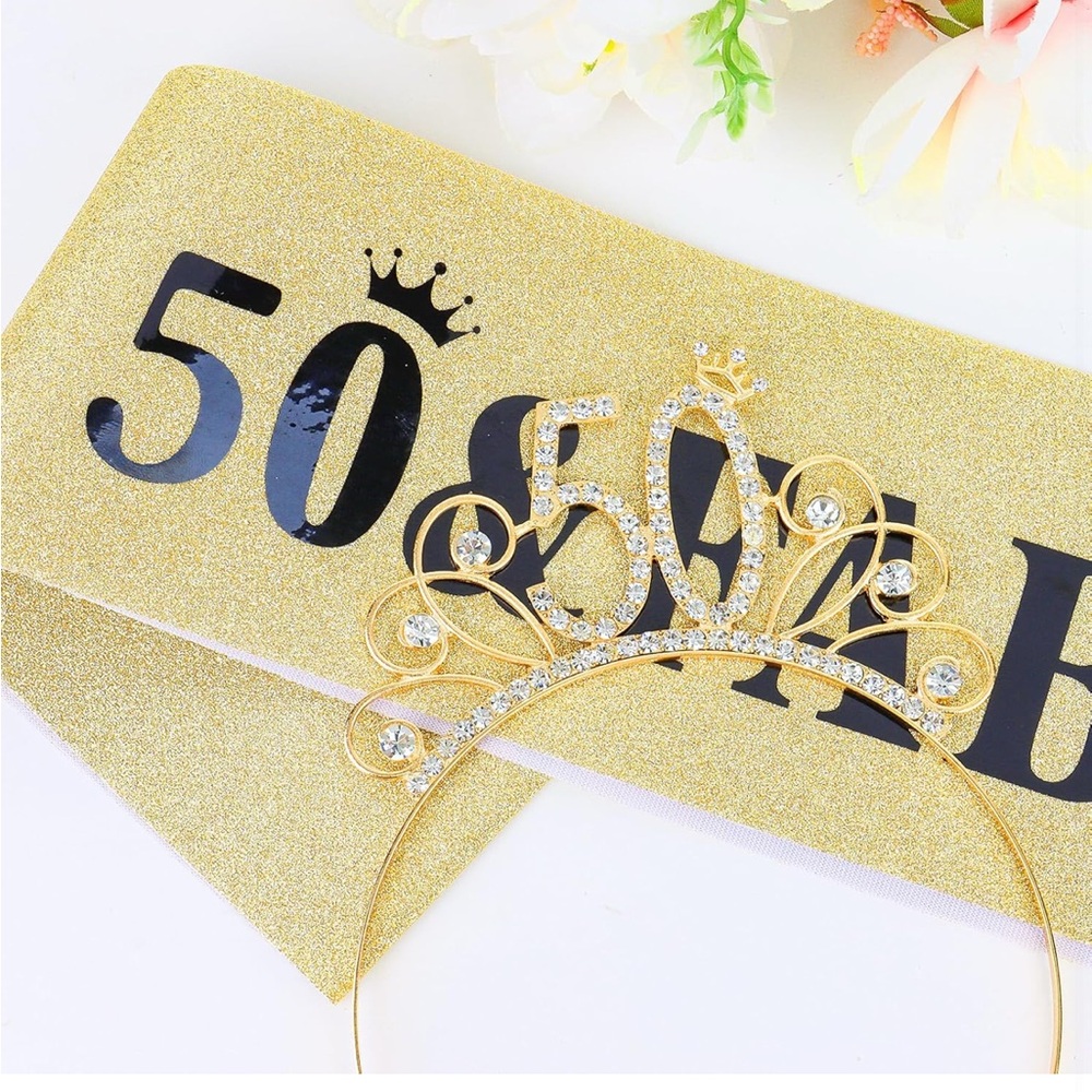 Gold 50th Birthday Tiara and Sash Set - Picture 4 of 7